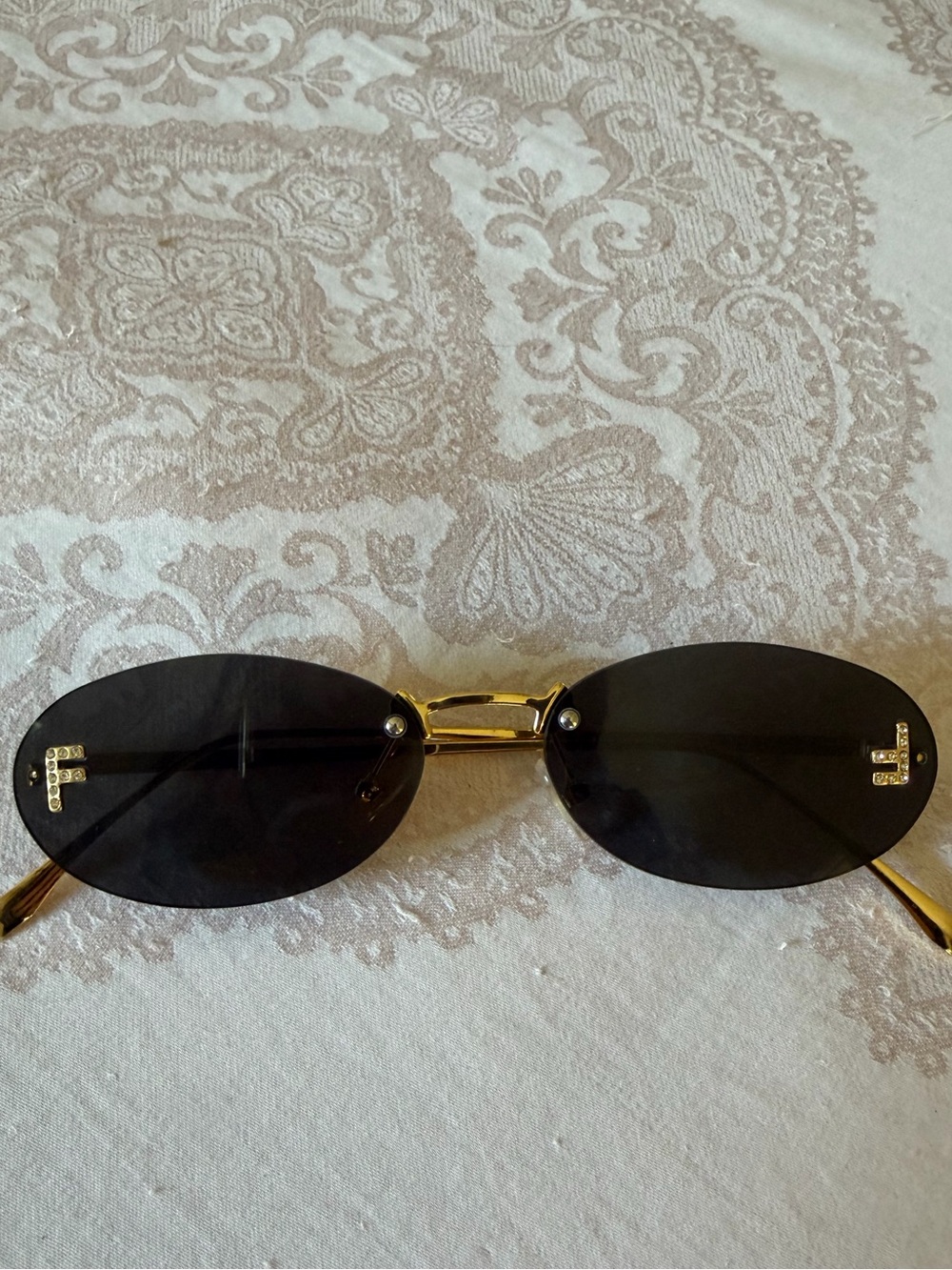 Gold Frame Black Oval Sunglasses with Crystal Accent
